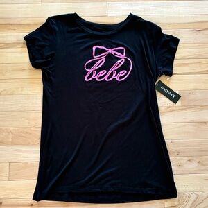 Bebe Black Graphic Tee with Pink Bow Logo (NWT)